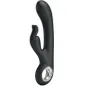 Preview: Black vibrator with ergonomic design and two stimulation arms, one of which is rabbit-shaped, with a silver handle.