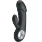 Preview: Schwarzer Vibrator mit ergonomischem Design und zwei Stimulationsarmen, glänzender Griff mit Bedienelementen.