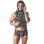 Preview: Man in a checkered hoodie and boxer shorts, smiling, against a white background.