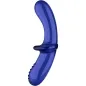 Preview: Blue, curved glass dildo with a textured handle and smooth surface.