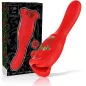 Preview: Red vibrator with golden accents, next to a decorative package with a floral pattern.