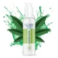 Preview: Bottle containing Cannabis Sativa gel, surrounded by green leaves and water splashes.