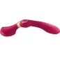 Preview: Red, curved massage wand with golden accents and textured surface.