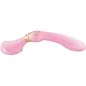 Preview: Pink, curved vibrator with textured handle and gold accents, on a white background.