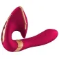 Preview: Roter, ergonomisch geformter Vibrator mit goldenen Akzenten und strukturiertem Griff.