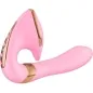 Preview: Pink and gold vibrator with curved design and textured handle.
