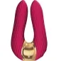 Preview: Red, U-shaped vibrator with gold trim and textured surface.