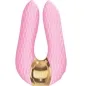 Preview: Rosa, U-förmiger Vibrator mit goldener Basis und strukturierter Oberfläche, Marke "Shunga Erotic Art".