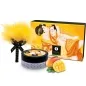 Preview: Shunga set with yellow feather tickler, tin and packaging with artistic motif, next to it a mango.