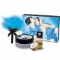 Preview: Shunga set with blue feather, tin and packaging with erotic art motif, coconut and aloe vera.