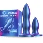 Preview: Zwei blaue Durex Play Analplugs neben einer Verpackung mit der Aufschrift "Deep & Deeper" und "On Your A-Game".