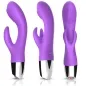 Preview: Three purple vibrators with curved design and textured tips, silver base, shown from different angles.