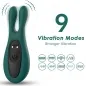 Preview: Green vibrating device with 9 modes, black control panel and wave-shaped symbols.