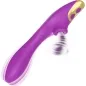 Preview: Purple vibrator with golden accents and vibration effect, curved shape, two buttons.