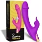 Preview: Lila und pinker Vibrator mit Saugfunktion, neben Verpackung mit gelbem Design und Produktinformationen.