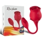 Preview: Red rose vibrator with packaging, curved design, made of silicone, with controls and charging port.
