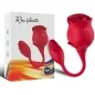 Preview: Red rose vibrator with packaging, curved design, made of silicone, with controls and charging port.
