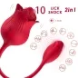 Preview: Red, rose-shaped massager with 10 modes, quiet function, 2-in-1 design, surrounded by heart and wave symbols.