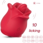 Preview: Red, rose-shaped massager with 10 vibration modes, quiet at under 45 dB.