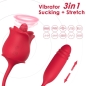 Preview: Roter 3-in-1 Vibrator in Rosenform mit Saug- und Dehnfunktion, umgeben von verschiedenen Vibrationsmustern.