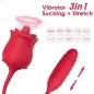 Preview: Red 3-in-1 rose-shaped vibrator with suction and stretching function, surrounded by various vibration patterns.