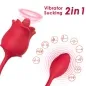 Preview: Red 2-in-1 rose-shaped vibrator with suction function, surrounded by symbols for different vibration modes.