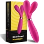 Preview: Pinkfarbener Dual-Head-Massager mit Verpackung, aus medizinischem Silikon, wasserdicht, leise, magnetisches Laden.