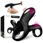 Preview: Black vibrating penis ring, shown in packaging. Hands stretching the flexible material.