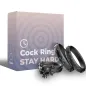Preview: Verpackung mit der Aufschrift "Cock Rings Stay Hard" und drei schwarze Ringe mit Totenkopf- und Knochenmotiven.