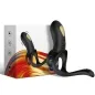 Preview: Black, ergonomic sex toy in front of colorful packaging with wave pattern and symbols.
