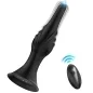 Preview: Black, textured massage device with remote control and blue LED tip.