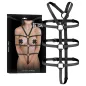 Preview: Black bondage harness with packaging, showing model with crossed adhesive tape on the chest.