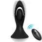 Preview: Black, remote-controlled massage device with vibration effect, next to it a black remote control with two buttons.