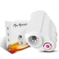 Preview: White mini masturbator with a textured interior, next to it the packaging with a colorful design.