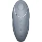 Preview: Grauer, ovaler Vibrator mit silbernem Rand und Bedienelementen für Intensität und Modus auf der Vorderseite.