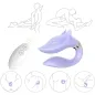 Preview: Lila Vibrator in Fuchsform mit Fernbedienung, umgeben von Illustrationen zur Anwendung in verschiedenen Positionen.