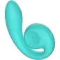 Preview: Turquoise, curved silicone sex toy with a spiral pattern and buttons.