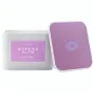 Preview: Purple massage candle "Morning Glow" by Eye of Love, rectangular tin with lid removed.