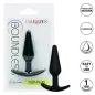 Preview: Verpackung und Produkt eines schwarzen, schlanken Silikon-Plugs von CalExotics, mit Eigenschaften wie flexibel und wasserdicht.