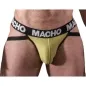 Preview: Mann trägt gelben Jockstrap mit schwarzem Bund, auf dem "MACHO" steht.