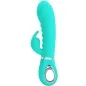 Preview: Turquoise vibrator with ergonomic design and handle opening, side stimulation arm and ribbed surface.