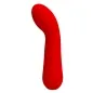Preview: Red, curved silicone vibrator with a smooth surface, isolated on a white background.