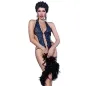 Preview: Person in blue and black lace underwear with a feather boa, posing in front of a white background.