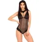 Preview: Frau in schwarzem Spitzenbody mit transparenten Details und Punktmuster.