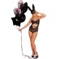 Preview: Person in black lace bodysuit and rabbit mask holding black and silver balloons.