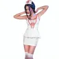 Preview: Person in a white nurse's uniform with a red cross, posing with hands in hair.