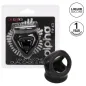 Preview: Verpackung und Produkt eines schwarzen Silikonrings mit 1 Jahr Garantie, Marke CalExotics.