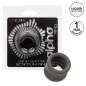 Preview: Packaging of a liquid silicone scrotum ring from CalExotics with a 1-year warranty, black ring in the foreground.
