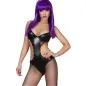 Preview: Person in a black leather bodysuit with studs, purple wig and fishnet stockings against a white background.