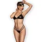 Preview: Woman in black leather underwear and eye mask, posing with one hand on her head.